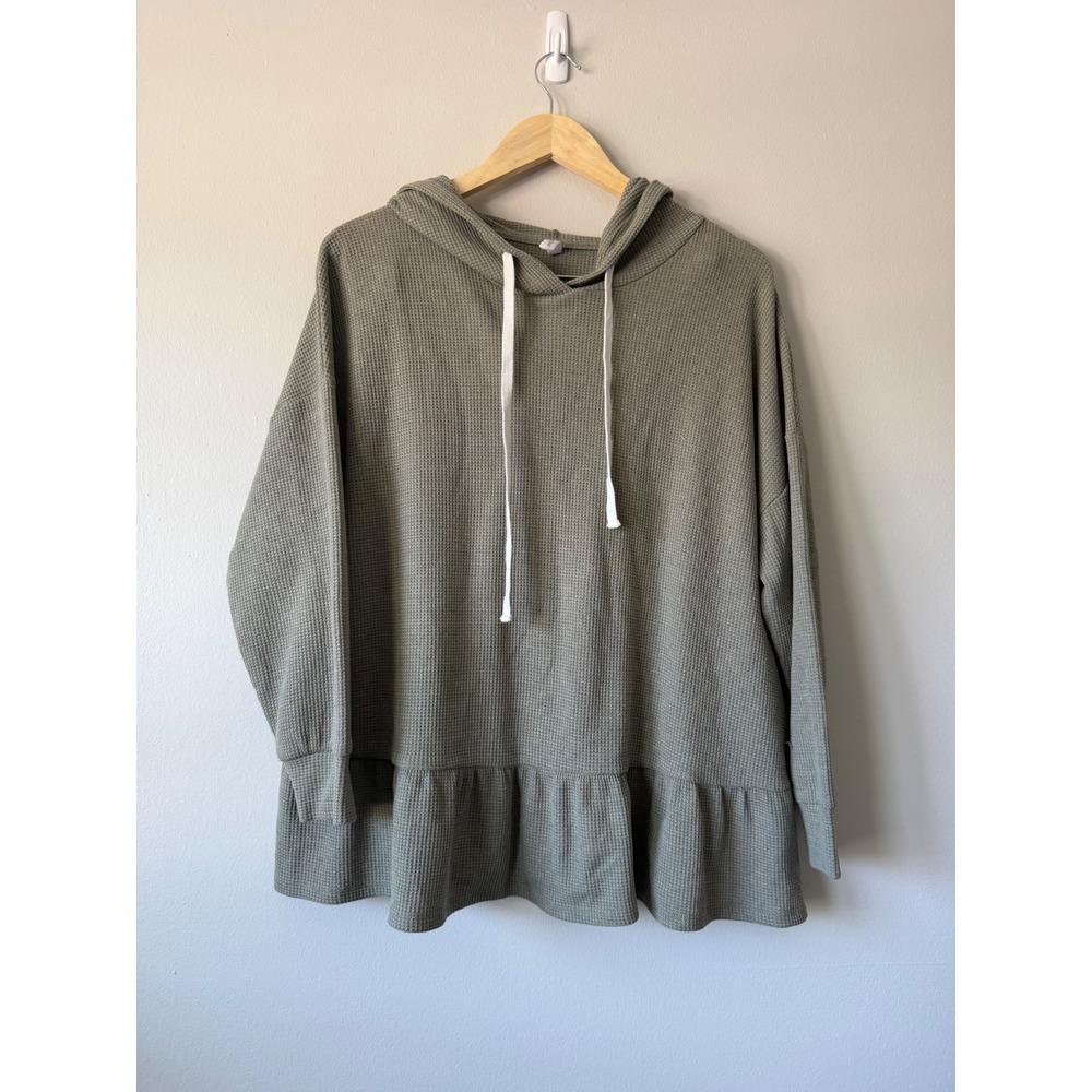 Wishlist Hoodie Large Sage Green Waffle‎ Knit Ruffle Peplum Oversized Thermal - Picture 4 of 11